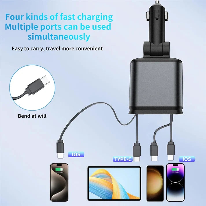 Elephagurds 4 in 1 Retractable cables 2 Type C and iOS 120 W Fast Charging Car Phone Charger